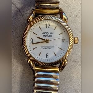 WORKING Vtg Acqua Timex Watch Women 25mm Gold Tone Date Indiglo Stretch